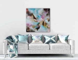 Tableau contemporain intitulé "Fragments of Truth" aux teintes bleues, roses, brunes