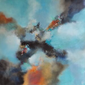 Explorez les profondeurs des "Miroirs de l'âme" avec ce tableau captivant de 100x100 cm. Les couleurs qui dominent cette œuvre sont un bleu particulier, évoquant la tranquillité et la sérénité, tandis que des touches subtiles d'orange et de rouge apportent des éclats de chaleur et d'énergie. Des nuances de gris ajoutent une dimension de contraste et de mystère à l'ensemble. Les textures délicates, comme le sable et le papier de soie, créent des variations tactiles qui invitent au toucher. Ce tableau évoque à la fois la légèreté des nuages et une vue céleste, capturant l'essence du ciel lui-même. À travers ses nuances et ses formes fluides, il reflète les multiples facettes de l'âme humaine, ses émotions et ses états d'esprit changeants. Les miroirs de l'âme se révèlent à travers les motifs abstraits et les jeux de lumière, invitant l'observateur à se plonger dans une introspection profonde. Accrochez cette œuvre d'art dans votre espace pour vous laisser immerger dans les reflets intérieurs qu'elle évoque et pour contempler l'expression infinie de l'âme humaine.