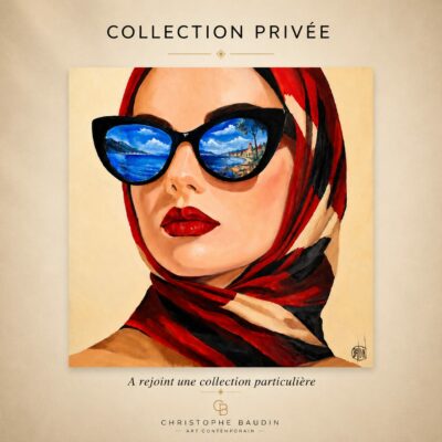 Tableau contemporain femme élégante L'Éclipse Rouge de Christophe Baudin – œuvre de luxe série Lux Icona vendue à un collectionneur privé