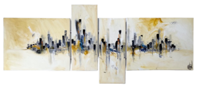 Calligraphie de la Ville Perdue, quadriptyque contemporain original de Christophe Baudin représentant une ville imaginaire avec collage, idéogrammes japonais et techniques mixtes.